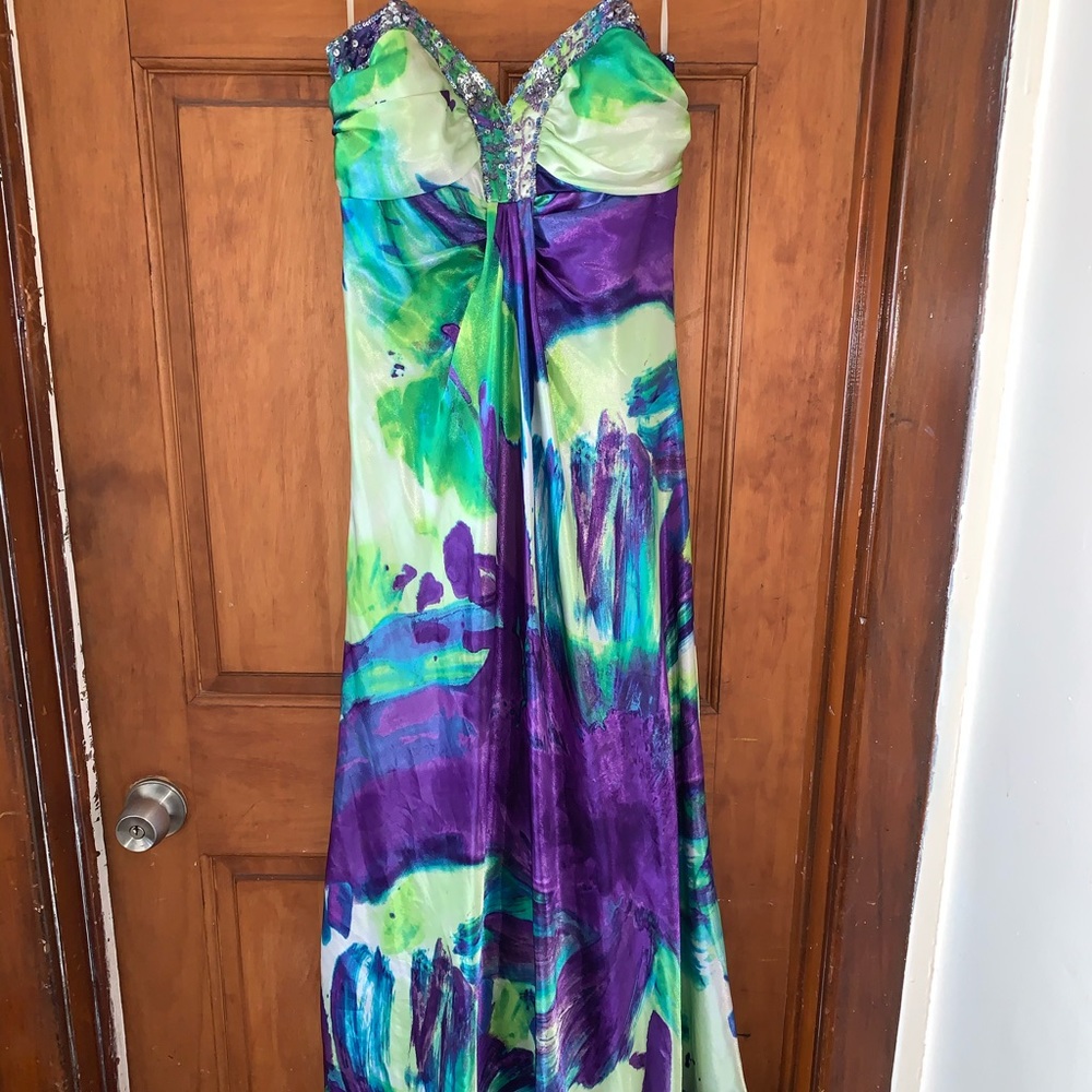 Purple and green strapless dress